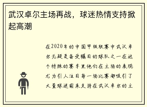 武汉卓尔主场再战，球迷热情支持掀起高潮
