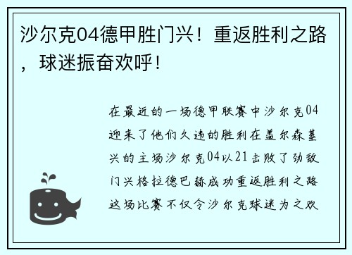 沙尔克04德甲胜门兴！重返胜利之路，球迷振奋欢呼！