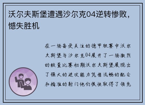 沃尔夫斯堡遭遇沙尔克04逆转惨败，憾失胜机